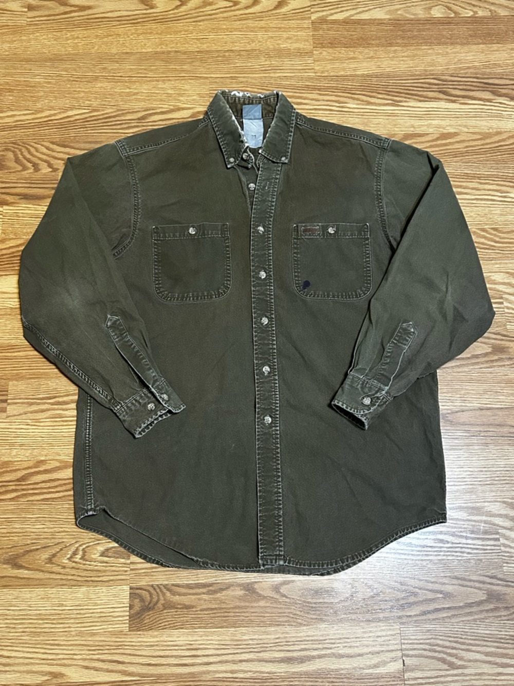 Carhartt Shirt Mens L Green Canvas Work Shirt Vintage Distressed